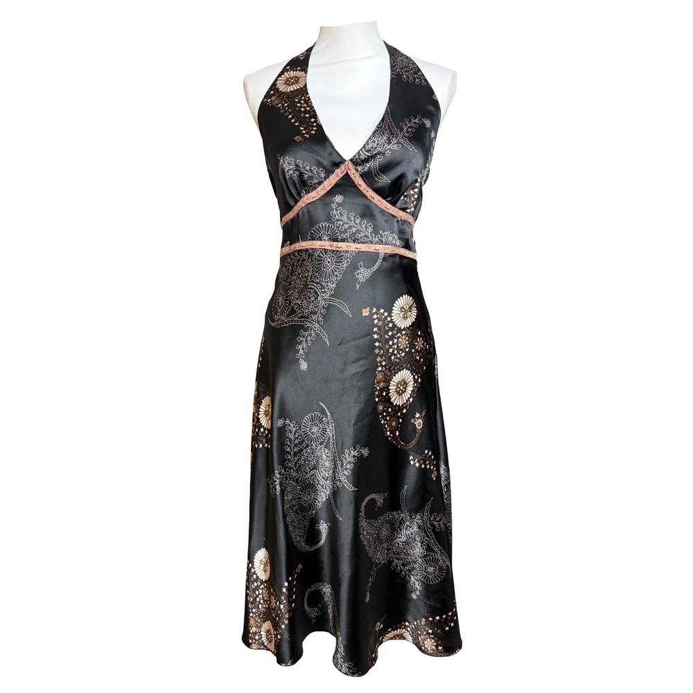 Angie Y2K Whimsigoth Halter Dress M/L Black Paisley Fairy Grunge Romantic Midi